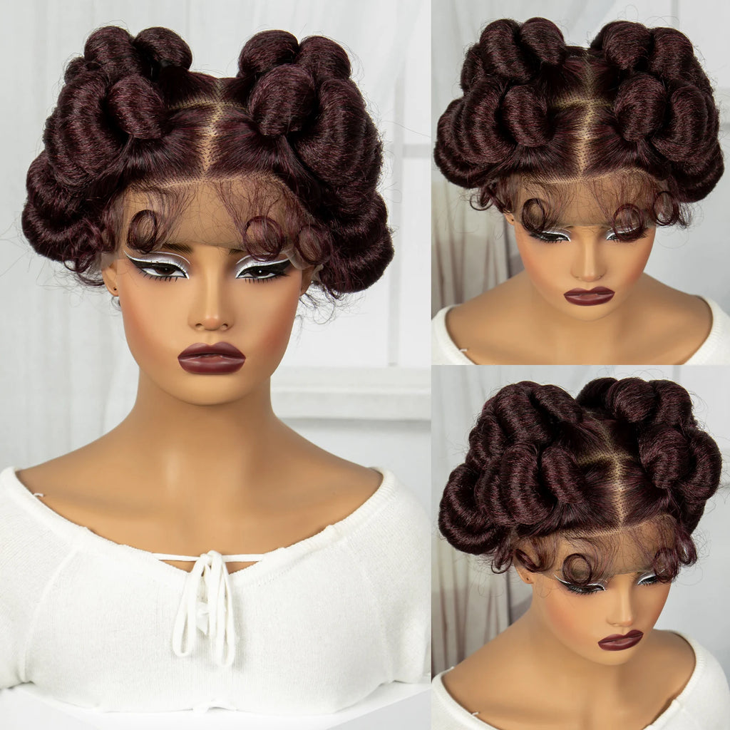 Natural Color 6Inch Transparent Full Lace Braided Wigs Short Cute Handmade Bantu Synthetic Braided Lace Wigs Knotless Braids Wig