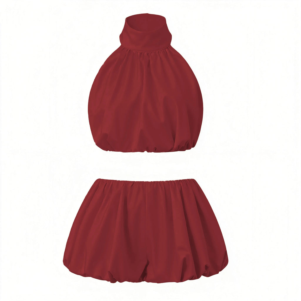 Women's Halter Crop Top & Mini Skirt Set – Solid & Dot Summer Two-Piece