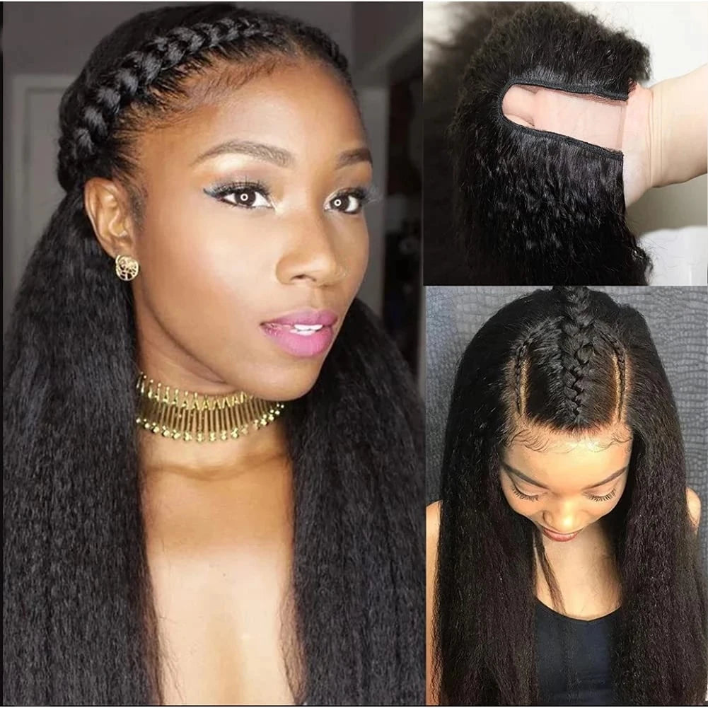V Part Wigs Human Hair 100% Brazilian Kinky Straight Human Hair Wigs No Leave Out No Sew Glueless 250% Natural Black For Women