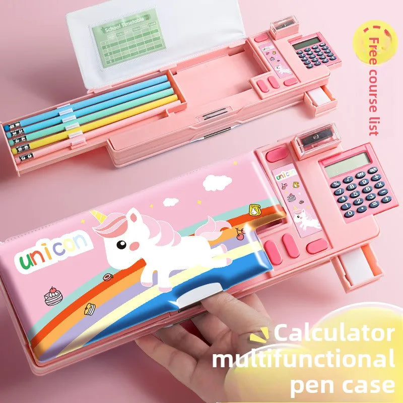 Student Plastic Stationery Box Cute Cartoon Children's Calculator Multifunctional Pencil Case Large Capacity Storage