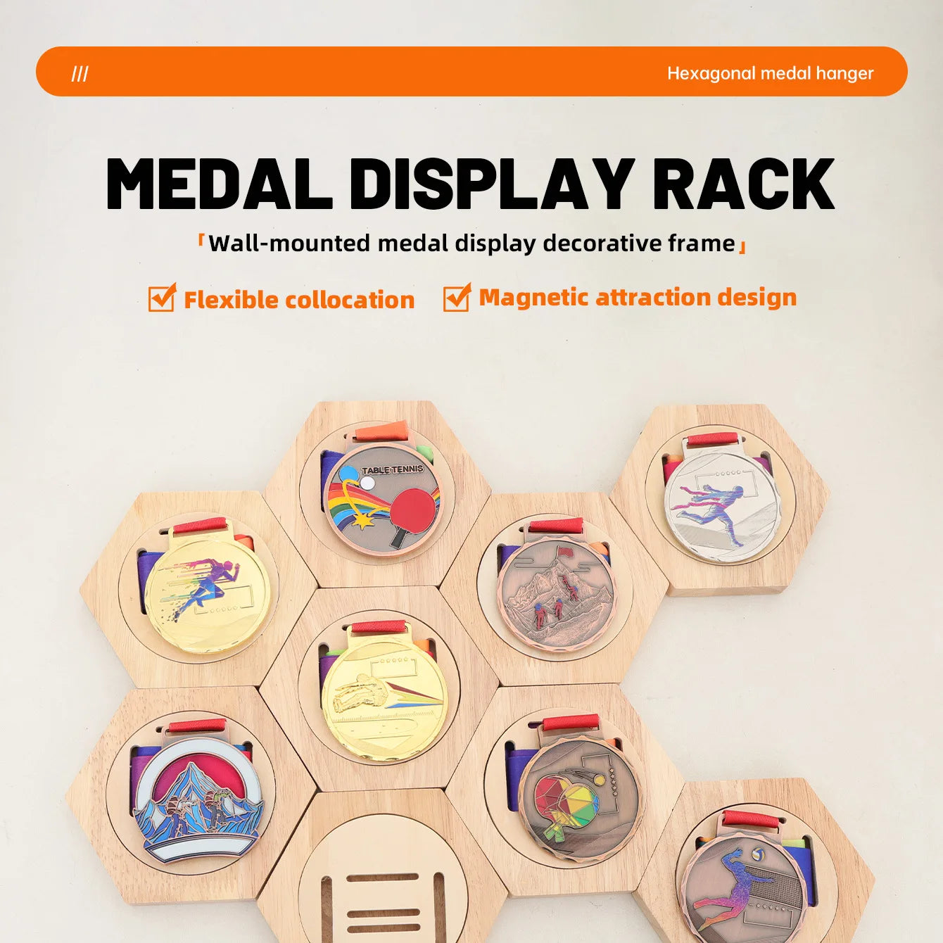 DIY Honeycomb Medal Wall Mounted Display Rack Hexagonal Home Decoration Wooden Medal Storage Rack Convenient and Tidy Hexagonal