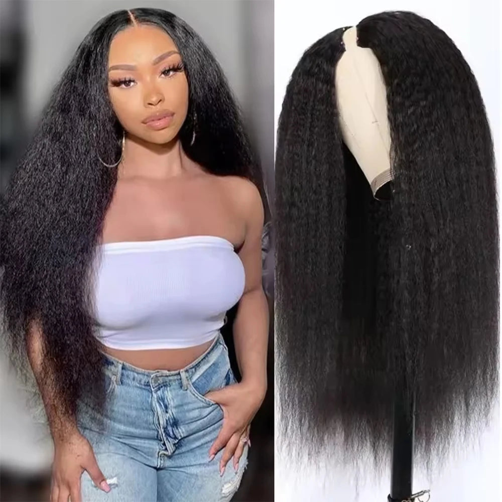 V Part Wigs Human Hair 100% Brazilian Kinky Straight Human Hair Wigs No Leave Out No Sew Glueless 250% Natural Black For Women
