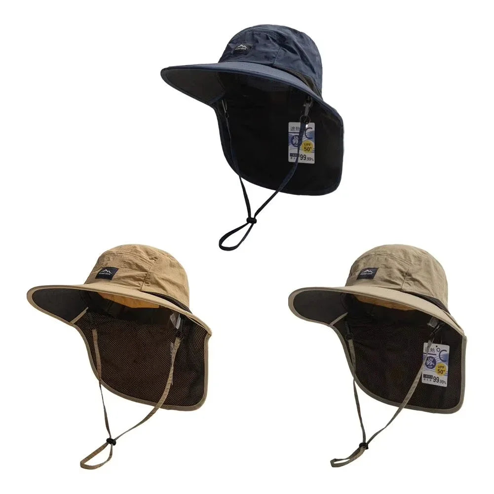 Outdoor Unisex Wide Brim Bucket Hat with Neck Flap Adjustable for Hiking Camping Fishing Wear