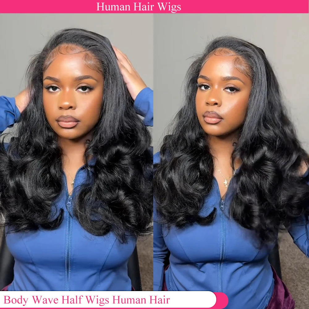 Body Wave Half Wigs Human Hair Glueless Wig Human Hair Ready to Wear 3 IN 1 Half Wig With Drawstring 250 Density Half Wigs
