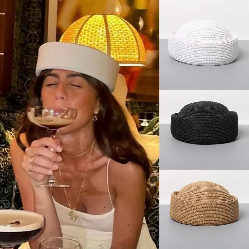 Straw Pillbox Hat Summer Beret Sun Hats Japanese Retro Weeding Fedora Hostess Fashion Millinery Fascinator Designer Painter Hat