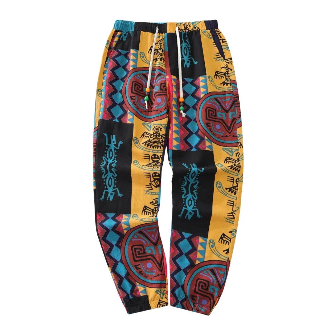 Men's Boho Tribal Print Linen Drawstring Jogger Pants