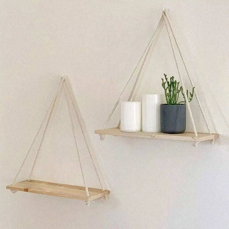 Wooden Hemp Rope Hanging Wall Shelf – Boho Home Decor