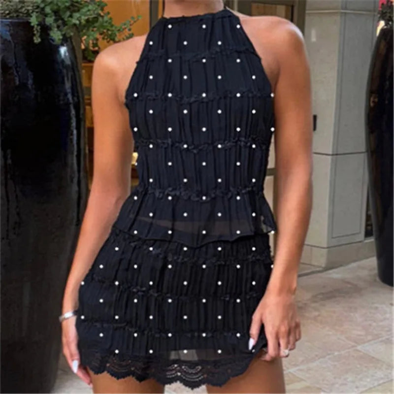Lace Mesh Ruched Halter Top & Smocked Mini Skirt Set