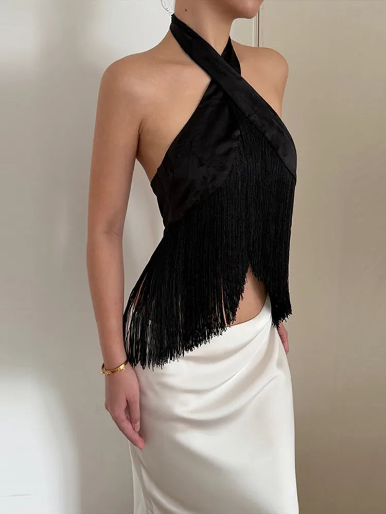 Printed Satin Long Tassel Top Elegant Sleeveless Halter Neck Backless Cross Wrap Cropped Tops 2026 Summer Women Vintage Outfits