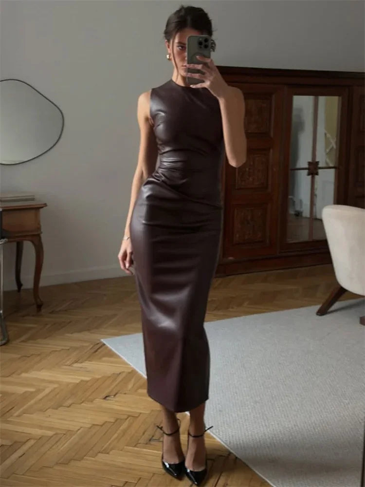 PU Leather Sleeveless Bodycon Maxi Dress