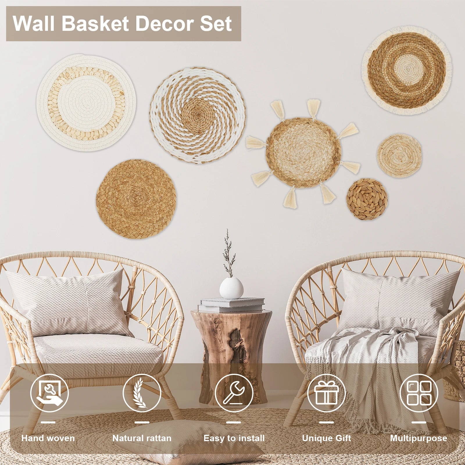 7-Piece Boho Rattan Woven Wall Basket Decor Set