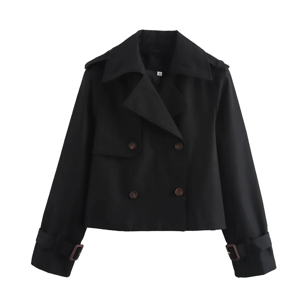 YENKYE New Autumn Women Solid Cropped Trench Coat Vintage Double Breasted Long Sleeve Short Jacket Lapel Collar Windbreaker