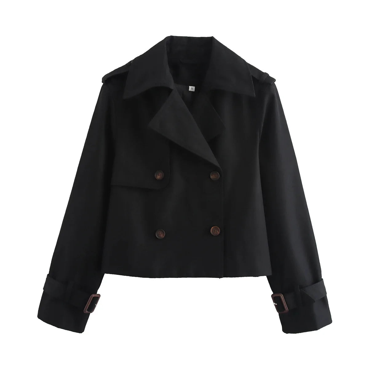 YENKYE New Autumn Women Solid Cropped Trench Coat Vintage Double Breasted Long Sleeve Short Jacket Lapel Collar Windbreaker