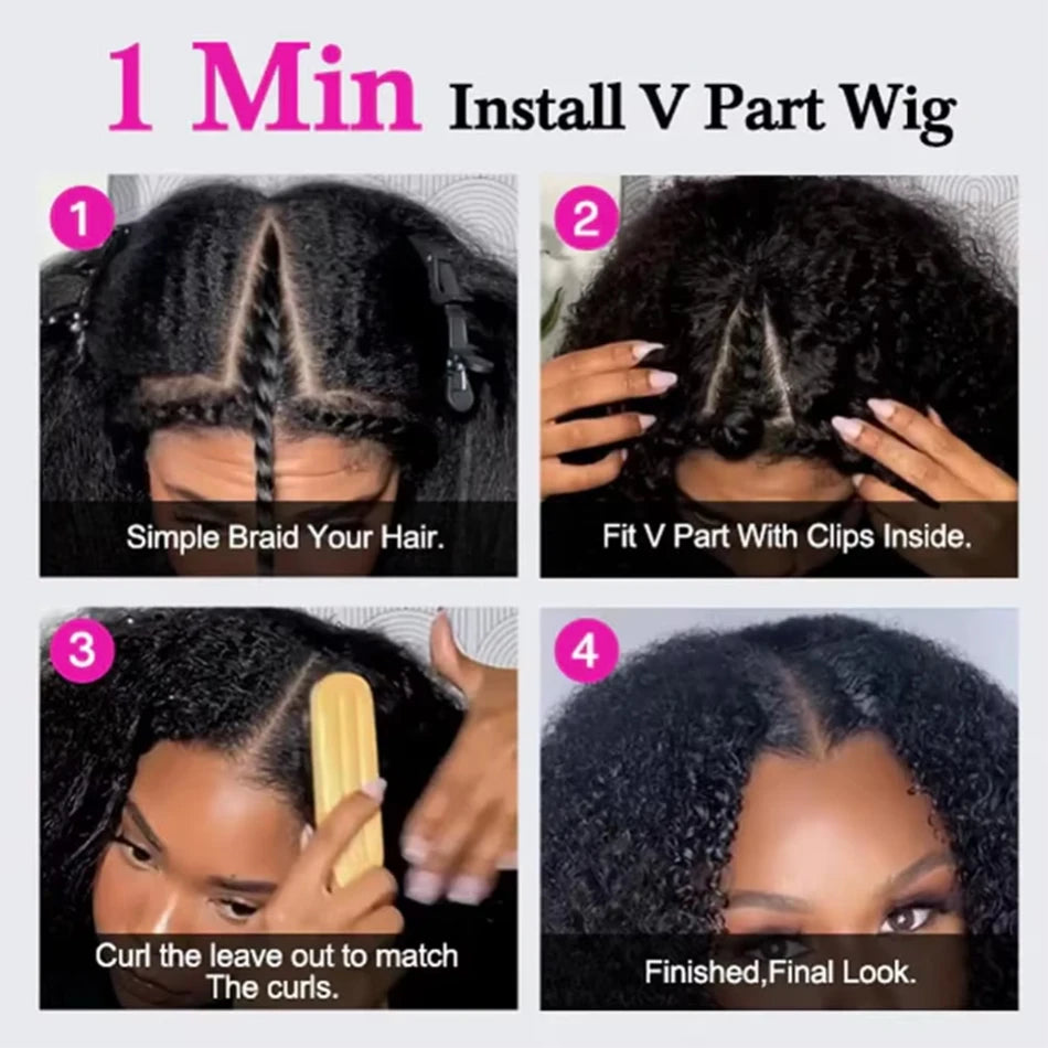 V Part Wigs Human Hair 100% Brazilian Kinky Straight Human Hair Wigs No Leave Out No Sew Glueless 250% Natural Black For Women