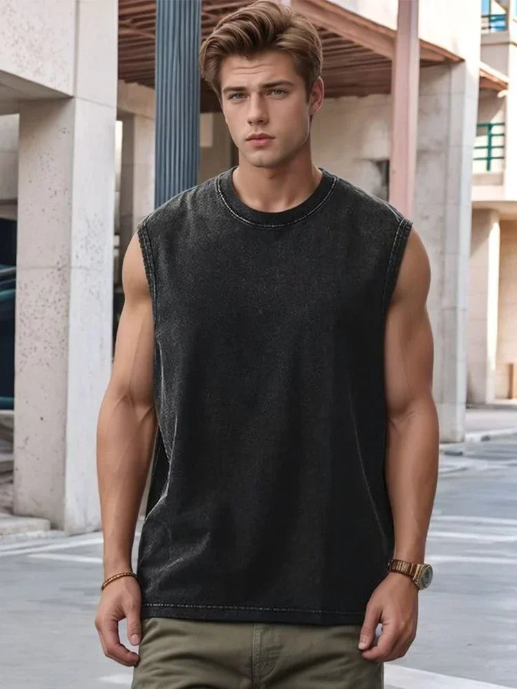 2025 Summer New Cotton Men's Washed Cotton Tank Tops Muscle Gym Sleeveless Workout T Shirts Running Beach Loose Tees