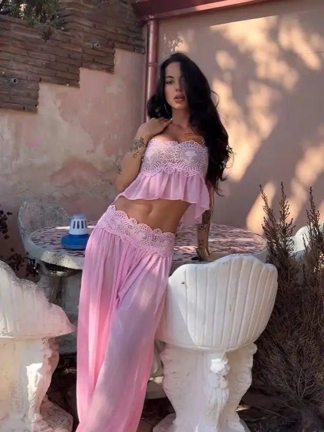 Women Pink Lace Mesh 2 Piece Outfit Straps Floral Cropped Cami High Waist Wide Leg Trousers Set Bohemian Seaside Holiday Suit