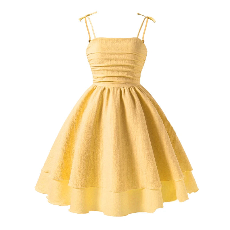 Kids Set Solid Pink Tiered Sling Princess Dress Sweet Style Tween Girls Dress Birthday Party Dating Clothes