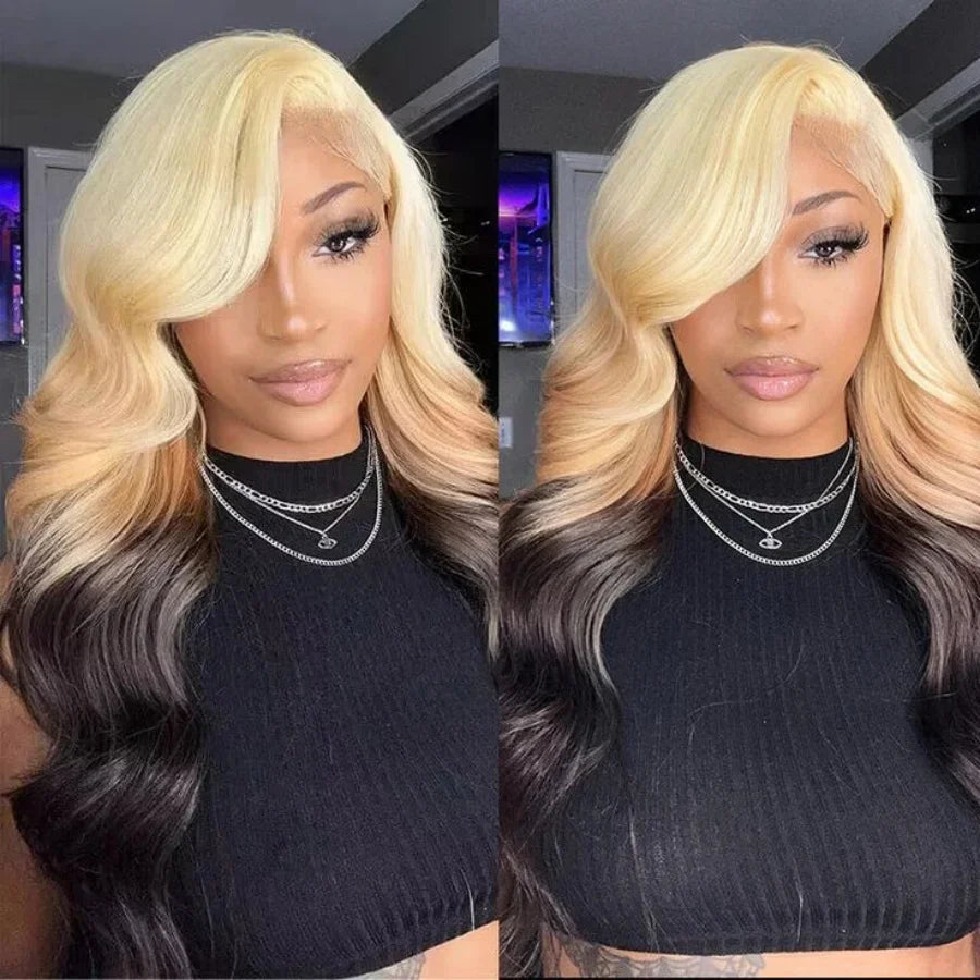 Ombre Blonde to Black 13X6 HD Lace Front Wig Synthetic Lace Frontal Wigs For Black Women Highlight Body Wave 30inch Lace Wig