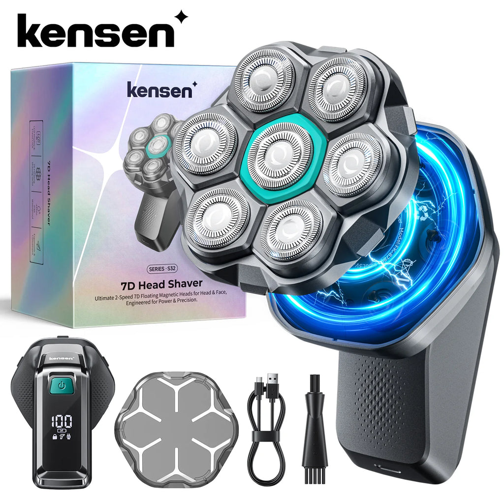 Kensen S32 Electric Head Shaver for Men 7D Floating Cutter USB-C Rechargeable 8100/8500 RPM IPX6 Waterproof Magnetic Head Razor