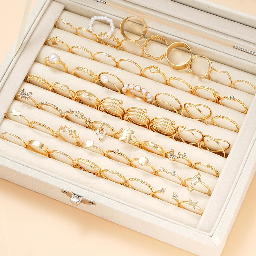 58PCS Vintage Heart Snake Butterfly Rings Set for Women Fashion Metal Gold Plated Geometric Hollow Finger Ring Jewelry Gifts New