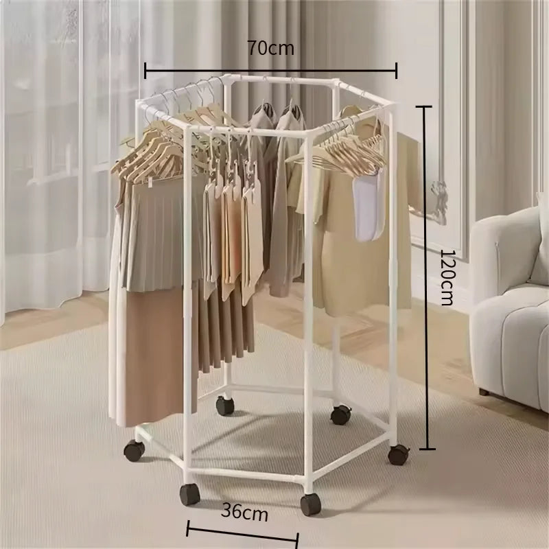 Movable Rotating Clothes Storage Rack Multifunctional Hexagon Organizer Shelf Metal Clothes Drying Rack Coat Hanger With Pulleys