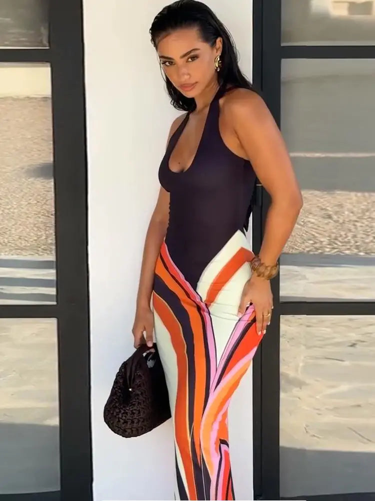 Sexy Print Women's Long Dress Party Deep V-neck Sleeveless Backless Hip Package Female Dresses 2026 Summer Holidays Lady Robe