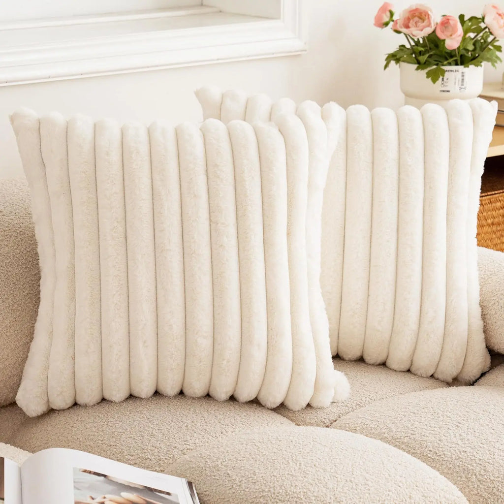 40x40 45x45 Faux Rabbit Fur Square Cushion Cover New Big Thick Striped Super Soft Solid Color Pillow Cover Sofa Decor Pillowcase