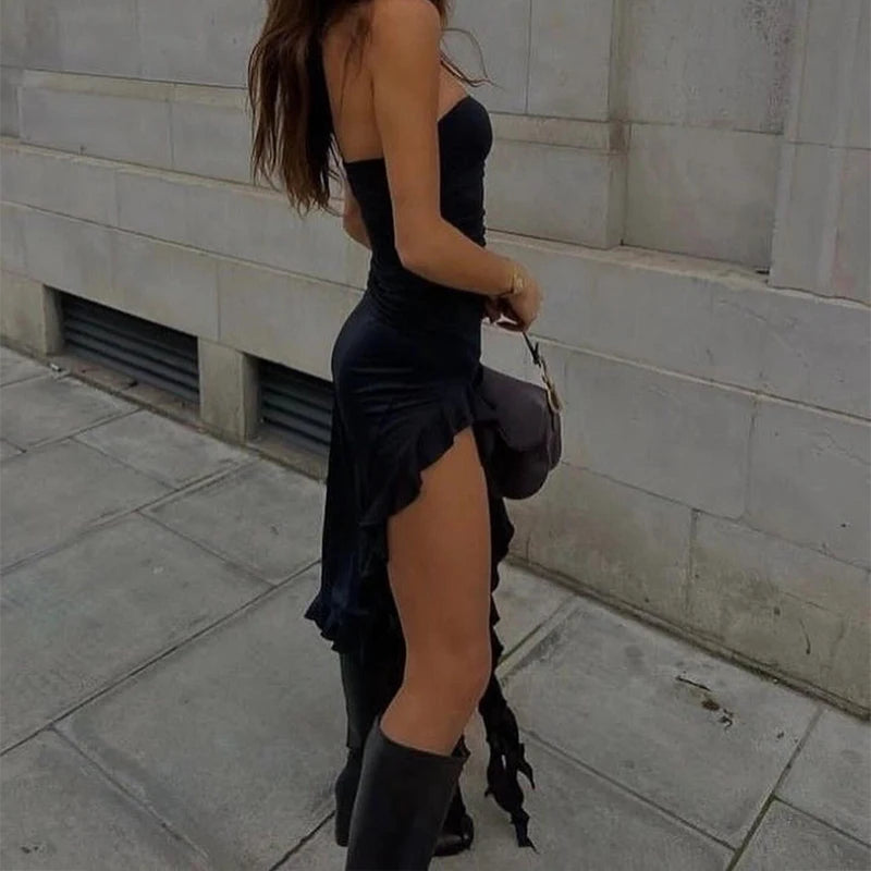 Strapless Floral Fold High Slit Mini Party Dress