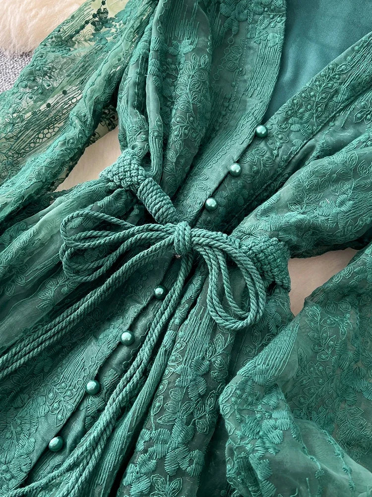 French Lace Embroidery V-Neck Lantern Sleeve Party Dress