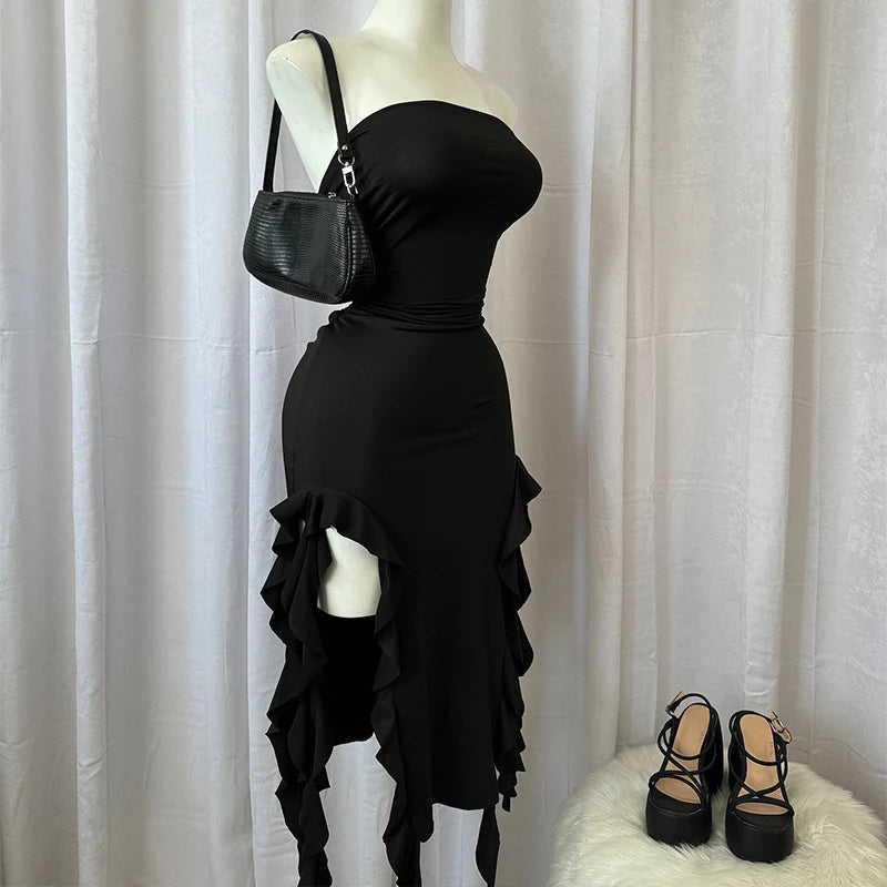 Strapless Floral Fold High Slit Mini Party Dress
