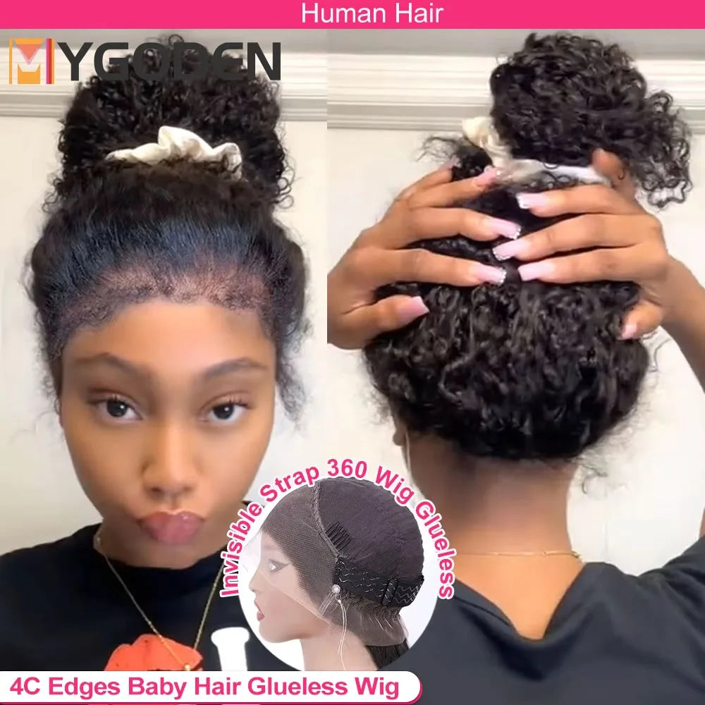 4C Kinky Edges Deep Wave Frontal Wig Invisible Drawstring 360 Full HD Lace Front Wigs Water Wave Glueless Wigs Human Hair