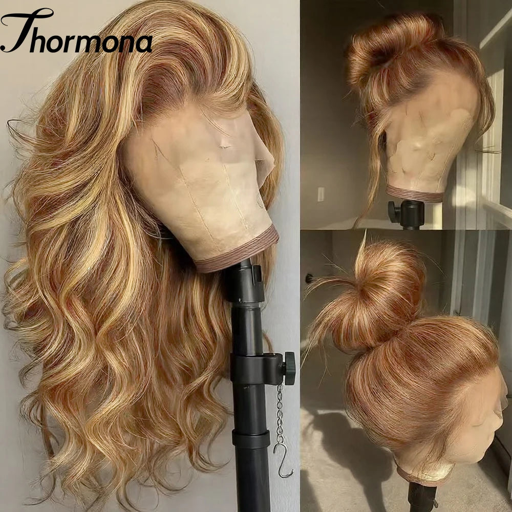 200% Balayage Blonde Highlight 13x6 Lace Front Wig Body Wave Wig Synthetic HD Ombre Honey Blonde Mixed Color Lace Frontal Wig