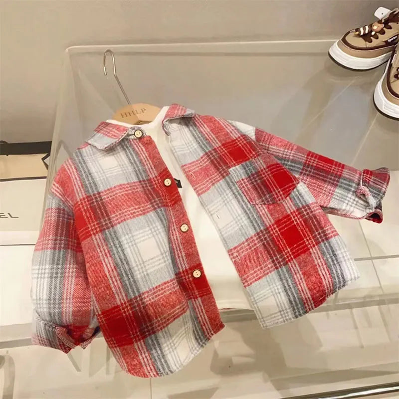 Kids' Retro Plaid Lapel Shirt – Boys & Girls Long Sleeve