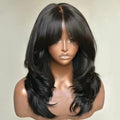 Black Wig WIth Layered Bangs Body Wave Lace Front Wig Short Bob Lace Frontal Wig 13x4 HD PrePlucked Synthetic Daily Wear Cosplay