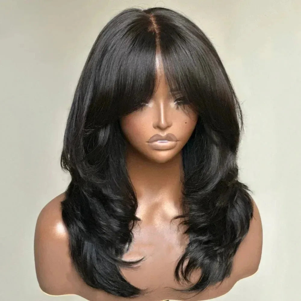 Black Wig WIth Layered Bangs Body Wave Lace Front Wig Short Bob Lace Frontal Wig 13x4 HD PrePlucked Synthetic Daily Wear Cosplay