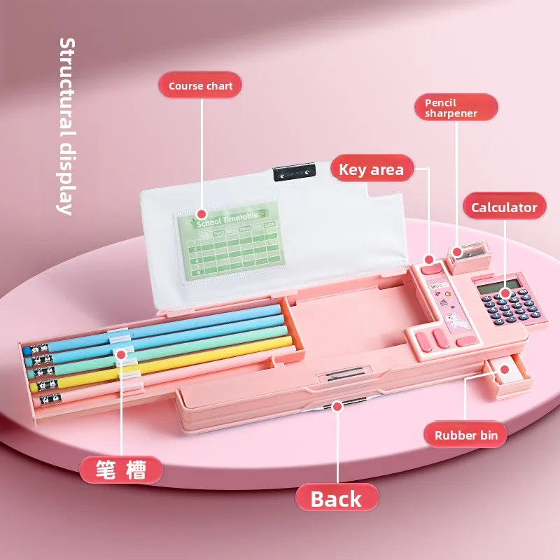 Student Plastic Stationery Box Cute Cartoon Children's Calculator Multifunctional Pencil Case Large Capacity Storage