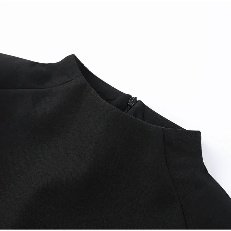 Elegant Women Shawl Cropped Top Shoulder Pads Stand Collar Short Sleeve Black Female T-shirt 2026 Spring Summer Lady Partywear