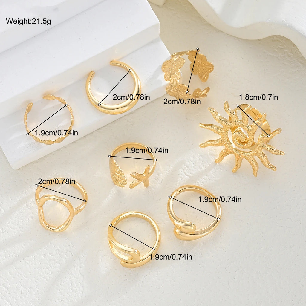 8 Pcs/Set Bohemia Sun Starfish Shell Open Rings for Women Trendy Punk Geometric Gold Color Knuckle Joint Ring Beach Jewelry Gift