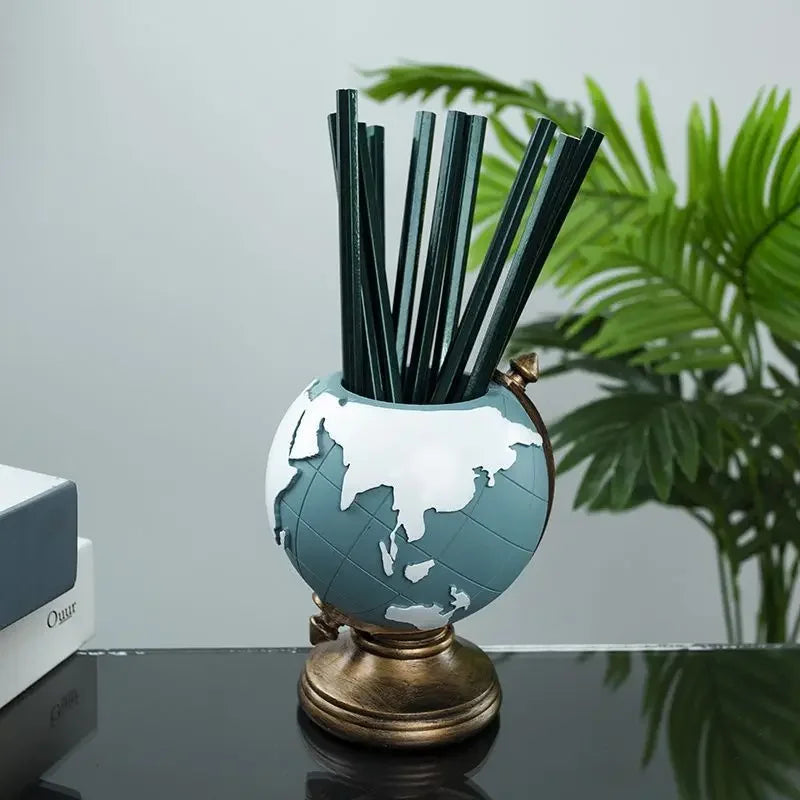 Creative Globe Pen Holder Resin Desk Organizer for Office and Home Decor Unique Geographic Pen and Pencil Storage