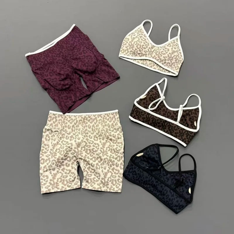 2 Pieces Leopard Print Sports Set Women Seamless Yoga Bra & High Waist Scrunch Butt Shorts Gym Workout Slim Fit Outfit
