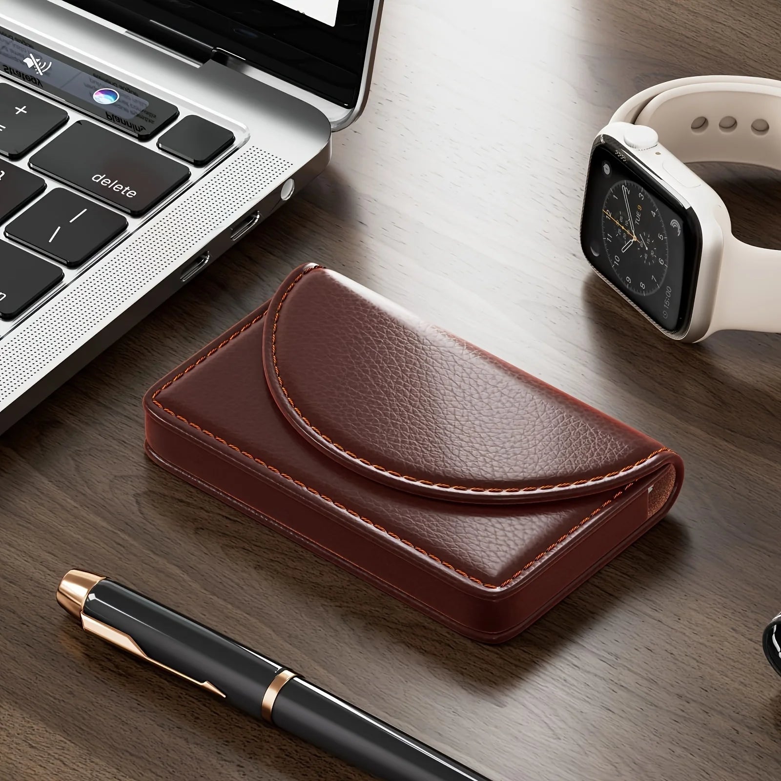 Luxury Lychee Pattern Leather Business Card Holder, Large Capacity Metal Magnetic Closure,Desk Organizer for Office, Office Desk