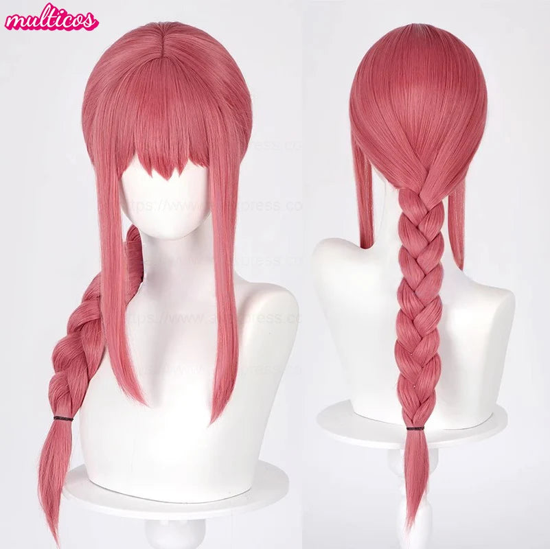 High Quality Makima Cosplay Wig Long Rose Red Braided Heat Resistant Synthetic Hair Halloween Party Scalp Anime Wigs + Wig Cap