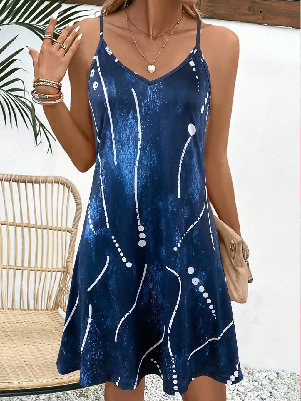 NOIR BELLE Blue Abstract V-Neck A-Line Summer Dress