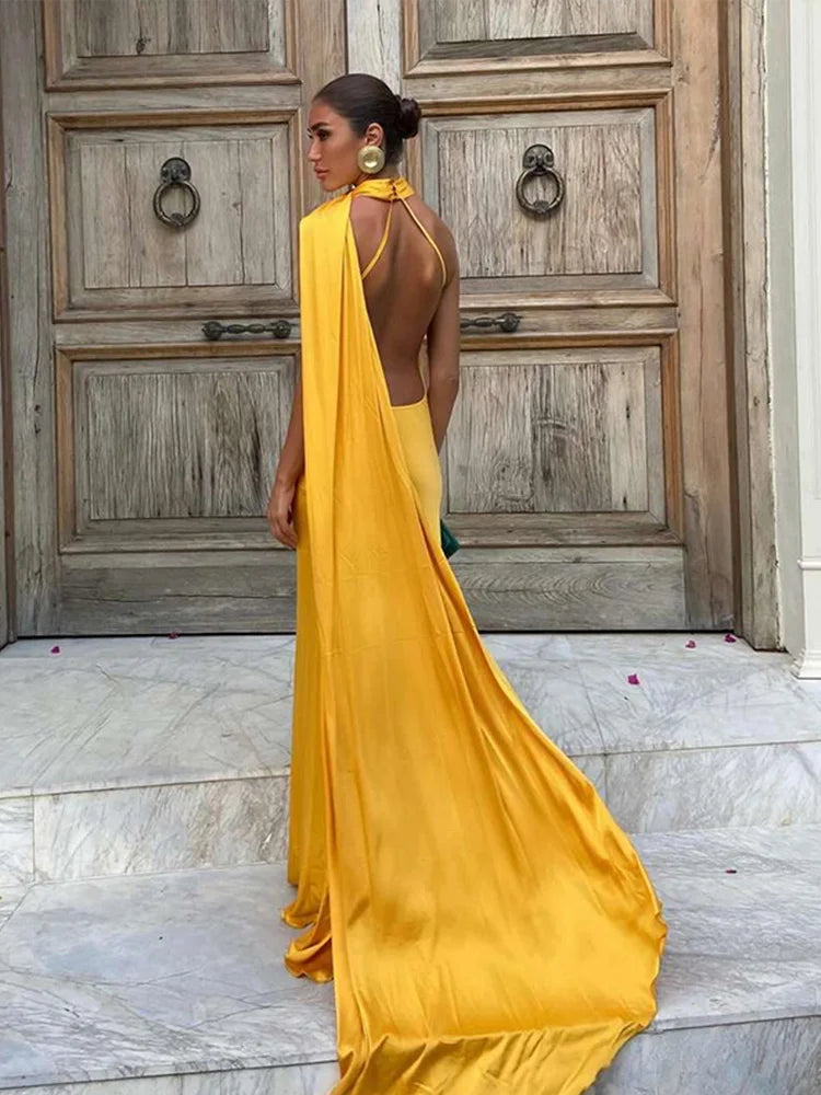 Ribbon Halter Off-Shoulder Backless Slim Maxi Dress