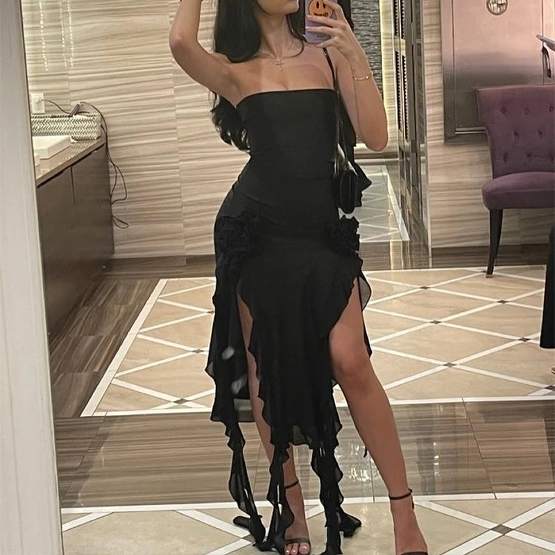 Strapless Floral Fold High Slit Mini Party Dress