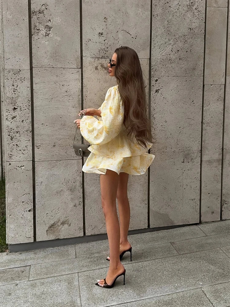 Women's Printed Bubble Sleeve Short Skirt Fashionable V-neck Hollow Waist Double Layered Dress 2026 Summer Commuting Street Wear