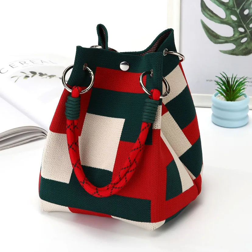 Korean Style Mini Knit Tote Bag Women Striped Crochet Bucket Handbag Lightweight Summer Daily Shoulder Purse For Vacation