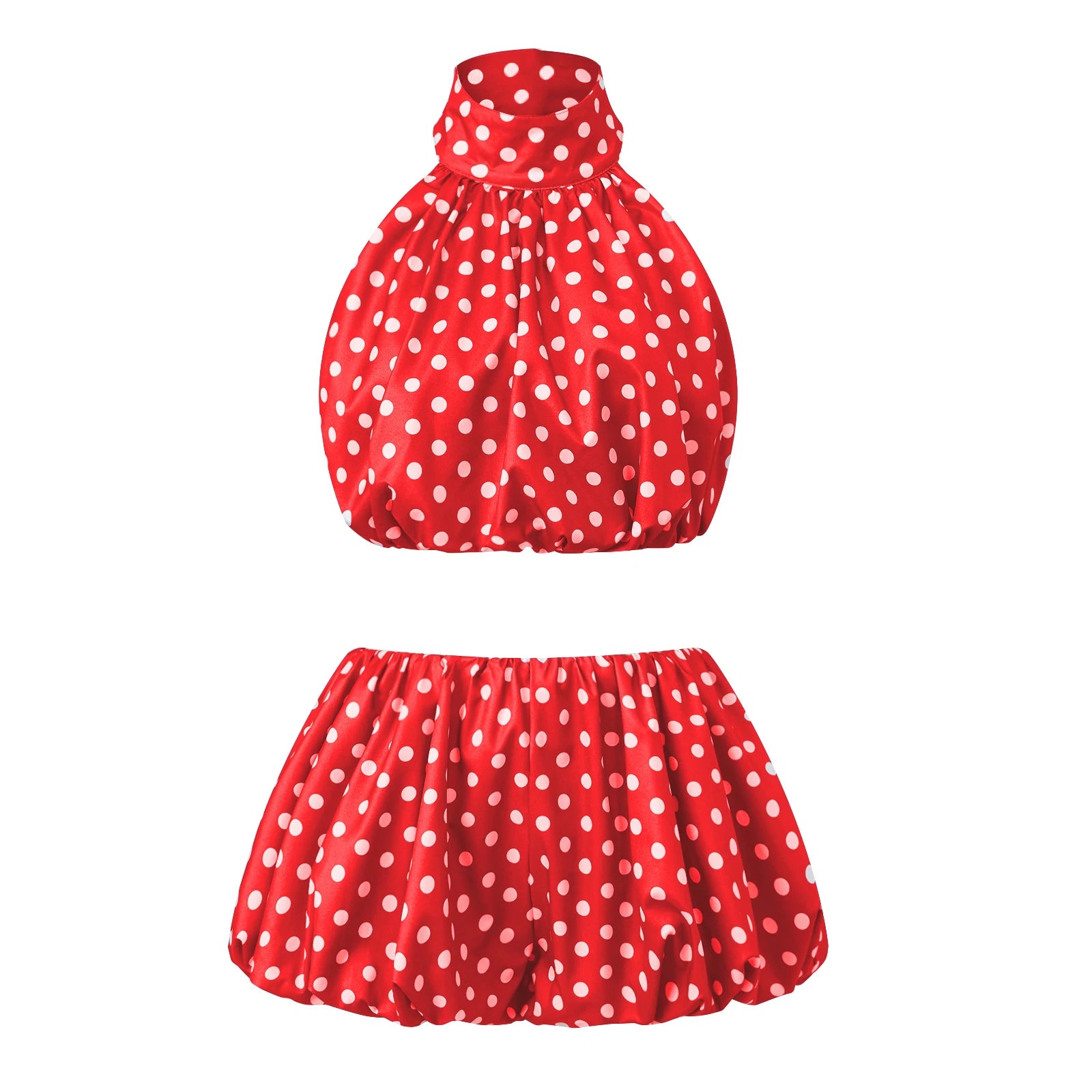 Women's Halter Crop Top & Mini Skirt Set – Solid & Dot Summer Two-Piece