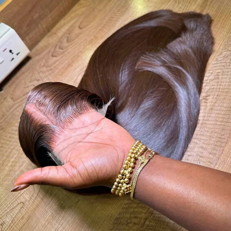 34" Chocolate Brown HD Bone Straight Lace Front Wig