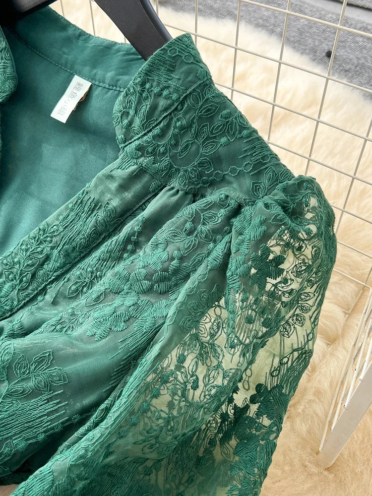French Lace Embroidery V-Neck Lantern Sleeve Party Dress